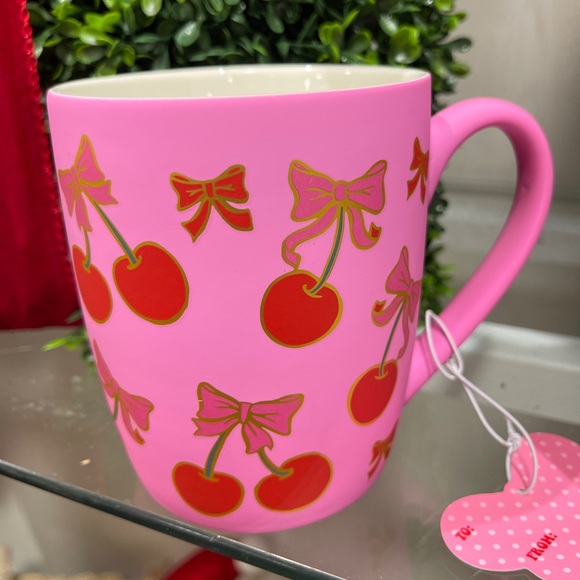 Pink Christmas Holiday Cherries with Pink Bows & Gold Pink Soft Touch Mug NWT - Picture 1 of 3